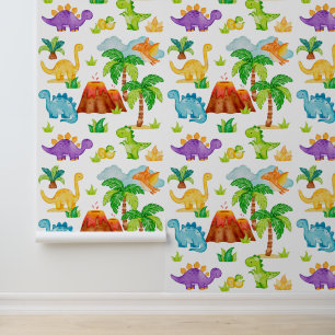 Watercolor Dinosaurs Trex Volcano Palm Trees Kids Wallpaper
