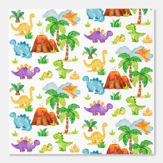 Watercolor Dinosaurs Trex Volcano Palm Trees Kids Wallpaper