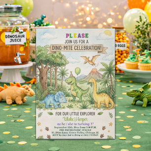 Watercolor Dinosaurs Volcano 1st Birthday Party Invitation