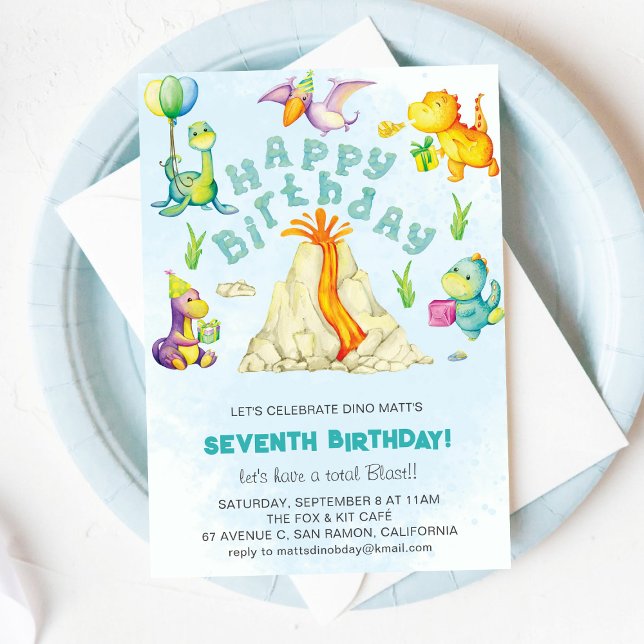 Watercolor Dinosaurs & Volcanos Cute Birthday Boy Invitation (Creator Uploaded)