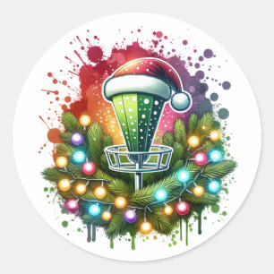 Watercolor Disc Golf Themed Christmas Classic Round Sticker