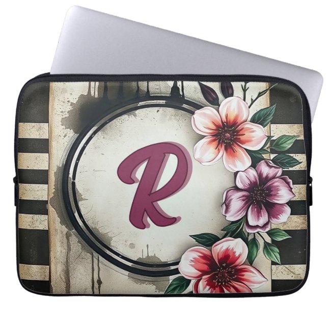 Watercolor Distressed Flowers Chic Messy Monogram Laptop Sleeve (Front)