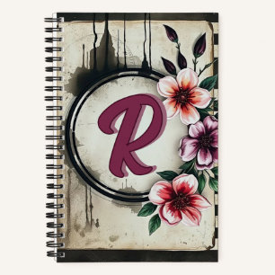 Watercolor Distressed Flowers Chic Messy Monogram Notebook