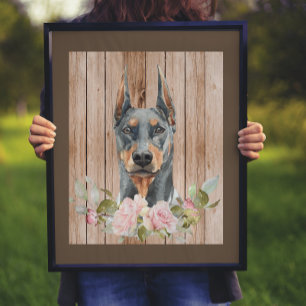 Watercolor Doberman & Flowers Poster