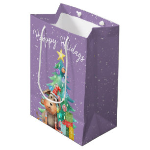 Watercolor Dog and Christmas Tree Medium Gift Bag