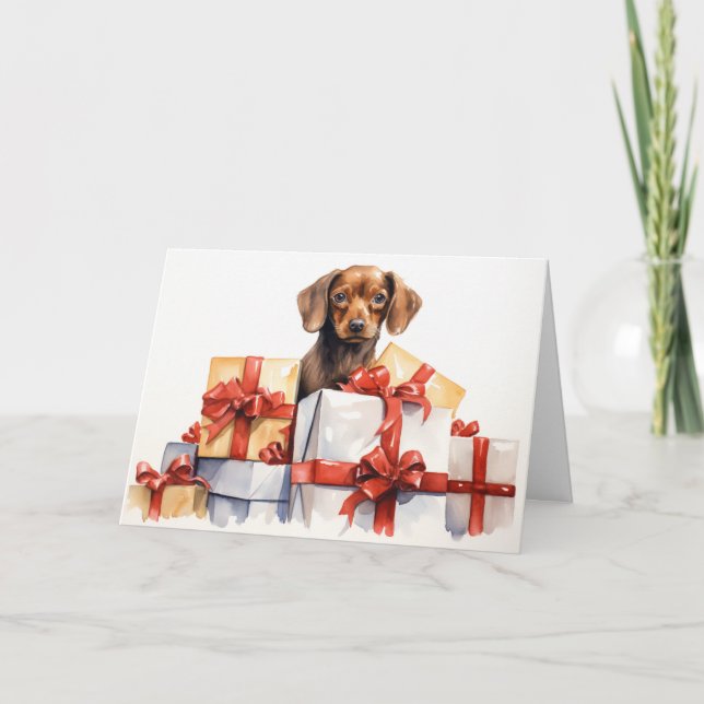 Watercolor Dog Behind Christmas Gifts Card (Front)