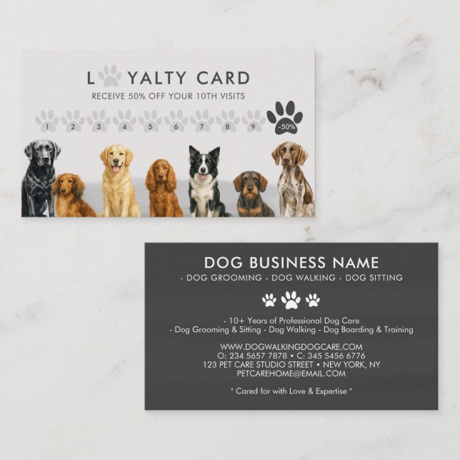 Watercolor Dog Breeds Pet Grooming Vet Loyalty Business Card (Front/Back)