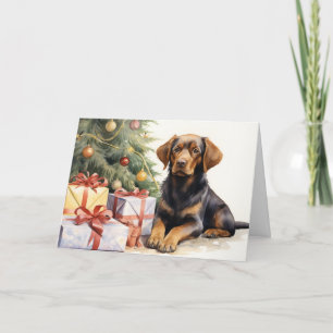 Watercolor Dog By Christmas Tree Card