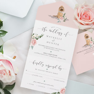 Watercolor Dog & Elegant Pink Rose Floral  All In One Invitation
