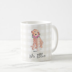 Watercolor Dog Flowers Love, Name Gingham Sweet Coffee Mug
