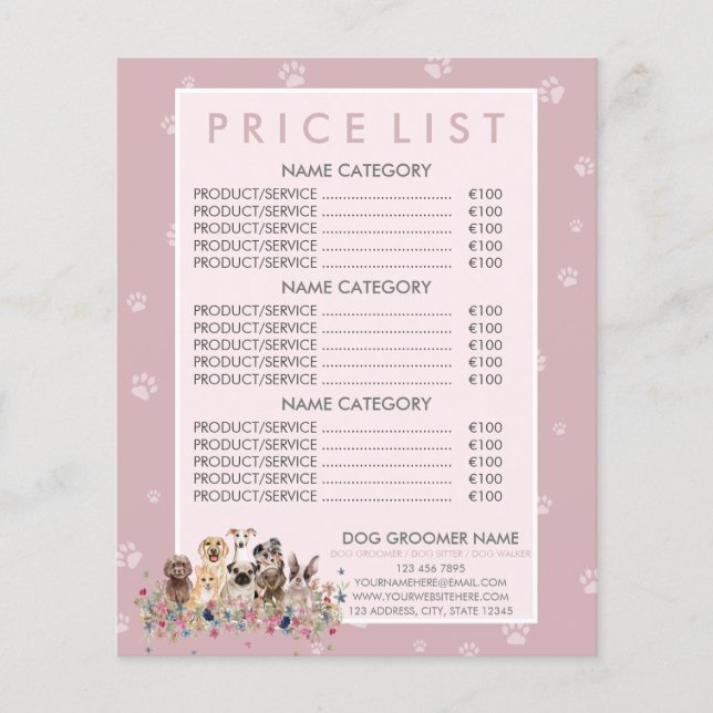 Watercolor Dog Groomer Pink Price List Flyer (Front)