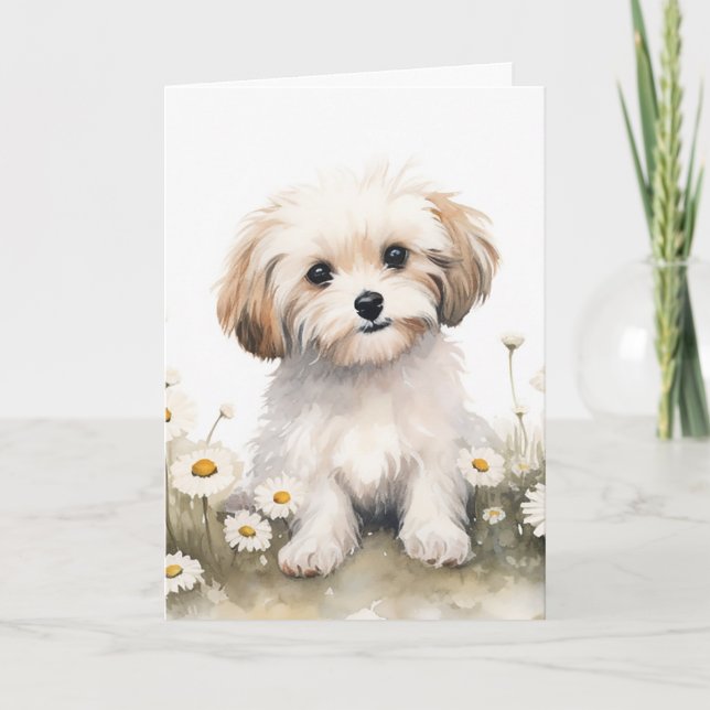 Watercolor Dog In Daisies For Birthday Card (Front)