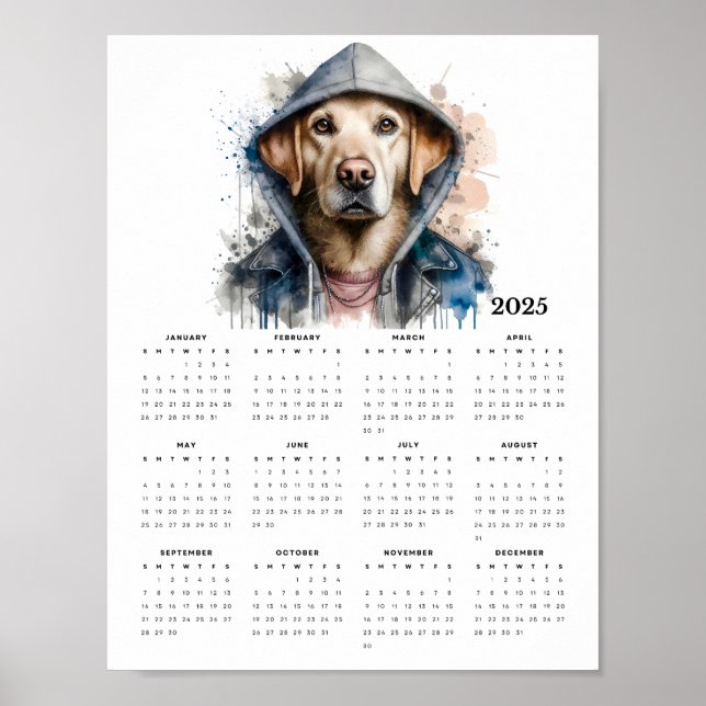 Watercolor Dog in Hoodie Splash Art 2025 Calendar Poster (Front)