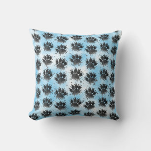 Watercolor Dog Paw Print Black White and Blue Cushion