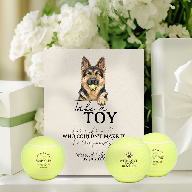 Watercolor Dog Wedding Tennis Ball Favour Pedestal Sign (Give guests a fun, tennis ball favor to take home to their pets with this Dog Wedding Favor Sign!)