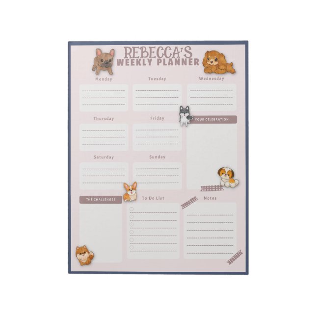 Watercolor Dog Weekly Planner Sheet Notepad (Rotated)