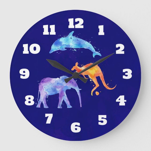 Watercolor Dolphin, Elephant and Kangaroo Large Clock (Front)