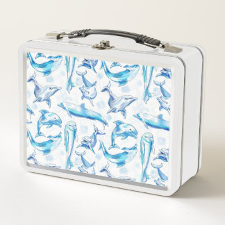 watercolor dolphin fish seamless pattern, dolphin metal lunch box