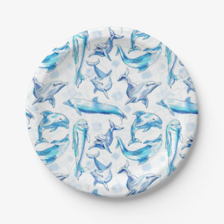 watercolor dolphin fish seamless pattern, dolphin paper plate