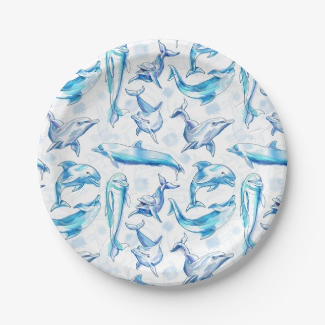 watercolor dolphin fish seamless pattern, dolphin  paper plate (Front)