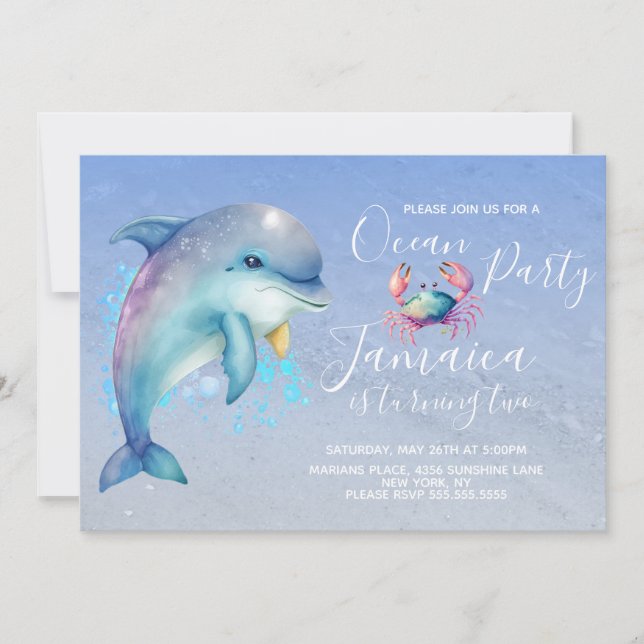 Watercolor Dolphin Ocean Beach Birthday Party Invitation (Front)