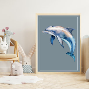 Watercolor Dolphin on Pale Blue Nursery Art Poster