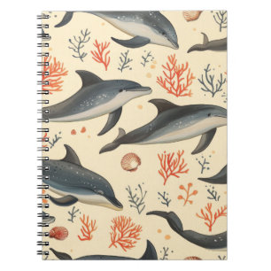Watercolor Dolphin Pattern Coastal Ocean Coral Notebook