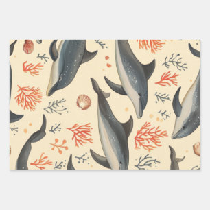 Watercolor Dolphin Pattern Coastal Ocean Coral Wrapping Paper Sheet