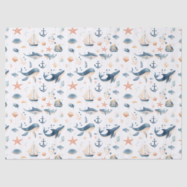 Watercolor Dolphin Seamless Pattern Tissue Paper (Front)