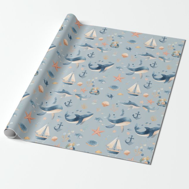 Watercolor Dolphin Seamless Pattern Wrapping Paper (Unrolled)