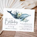 Watercolor Dolphin & White Floral Birthday Party Invitation<br><div class="desc">Elegant,  ocean themed birthday party invitations featuring a painted watercolor dolphin adorned with white flowers,  green leaves,  and blue coral. Personalise the cute dolphin birthday party invitations by adding the birthday girl or boy's name,  age,  and party details. The invite reverses to an ocean blue watercolor background.</div>