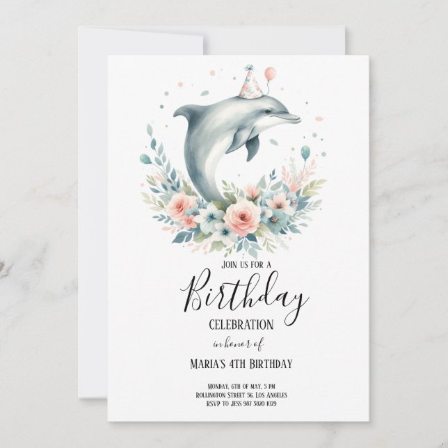 Watercolor Dolphin with flowers Birthday Party Invitation (Front)