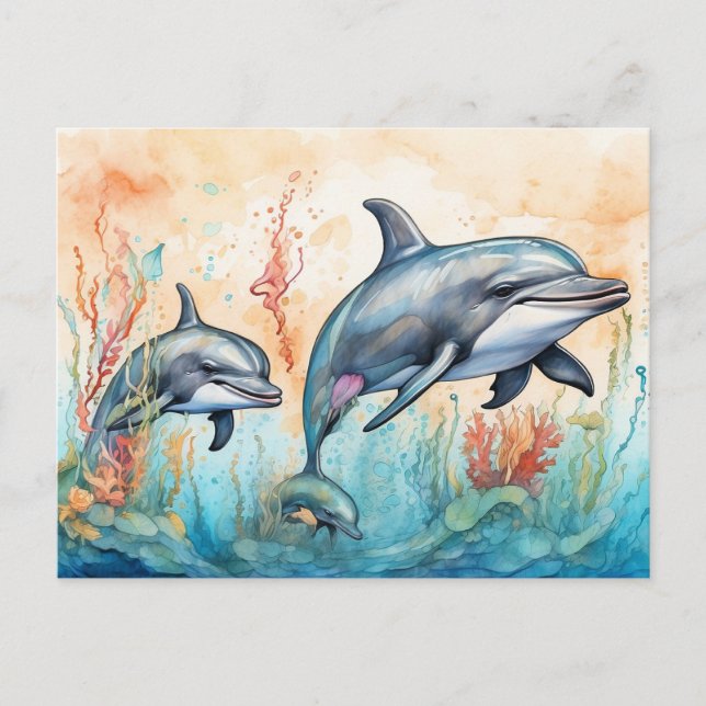 Watercolor dolphins art print postcard (Front)