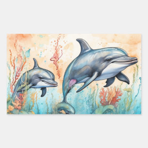 Watercolor dolphins art print rectangular sticker