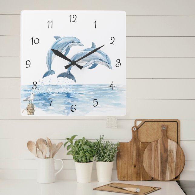 Watercolor Dolphins Coastal Summer Square Wall Clock (Creator Uploaded)