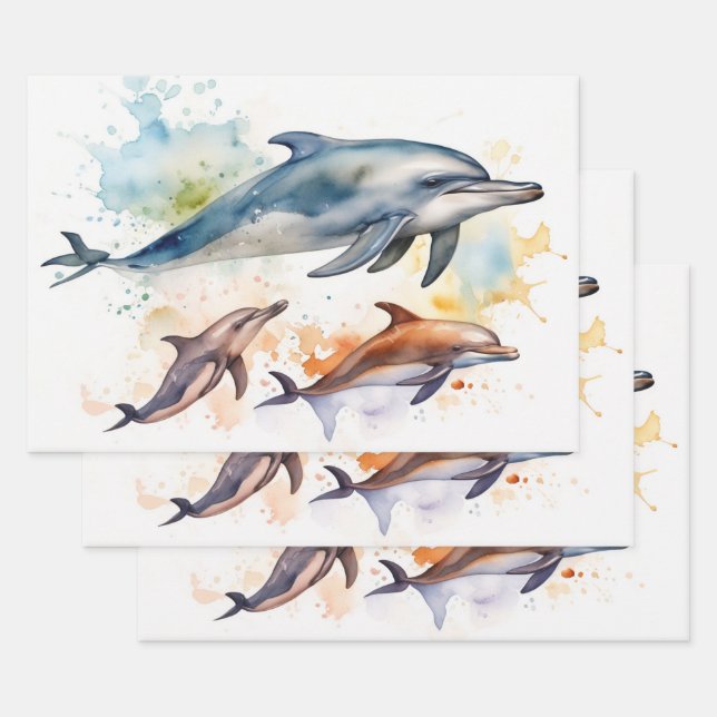 Watercolor Dolphins in Ocean Waves Wrapping Paper Sheet (Set)