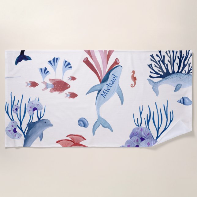 Watercolor Dolphins Whales Underwater Beach Towel (Front)