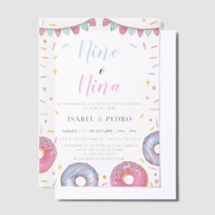 Watercolor Donuts & Confetti Spanish Gender Reveal Vellum Invitations