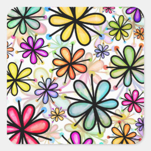 Watercolor Doodle Daisy Flower Pattern Square Sticker