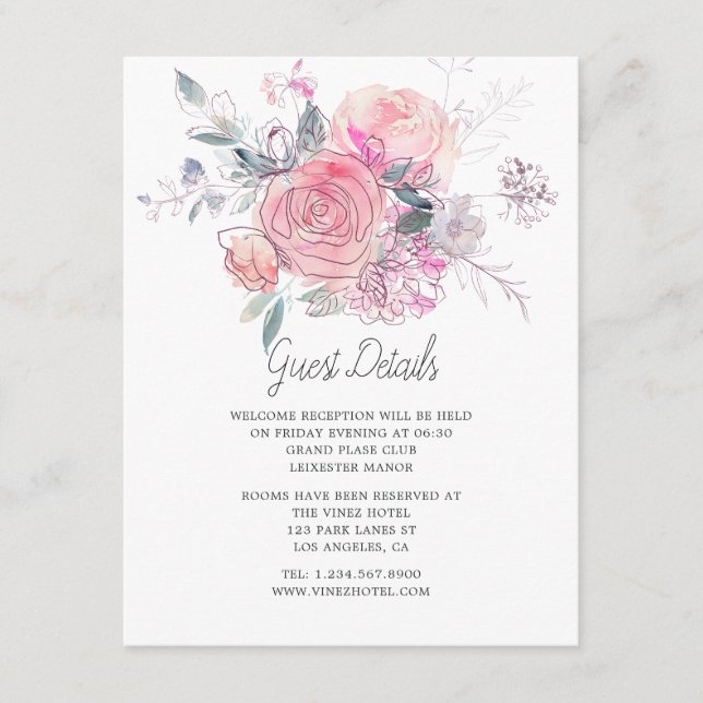 Watercolor Doodle Floral Wedding Guest Details Enclosure Card (Front)