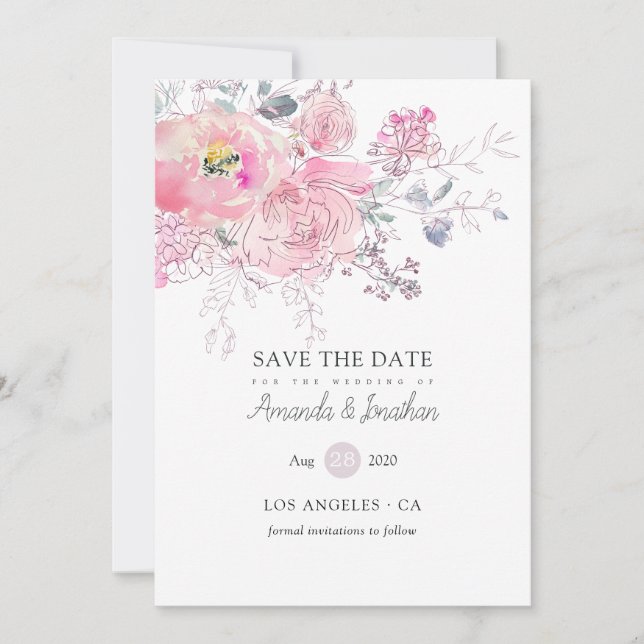 Watercolor Doodle Floral Wedding Photo Save The Date (Front)