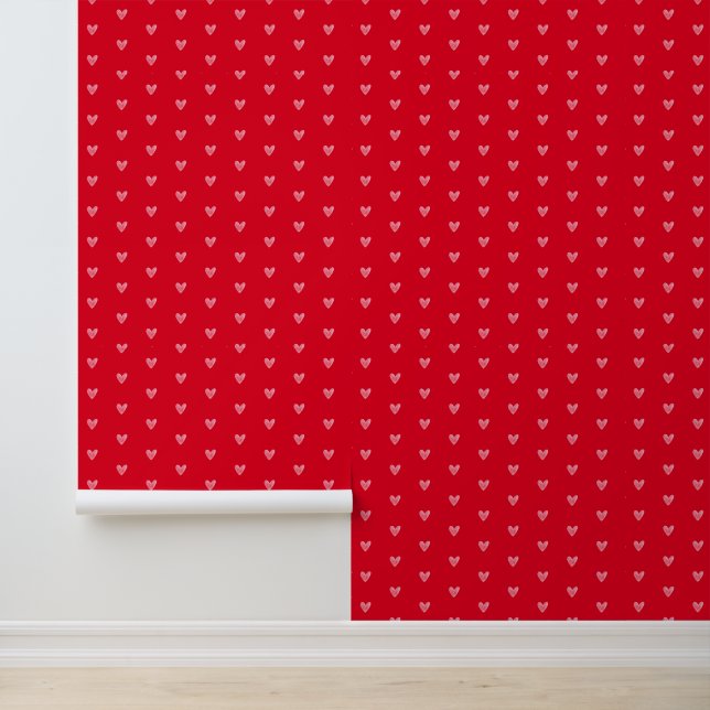 Watercolor Doodle Pale Pinky Hearts on Red Pattern Wallpaper (Application)