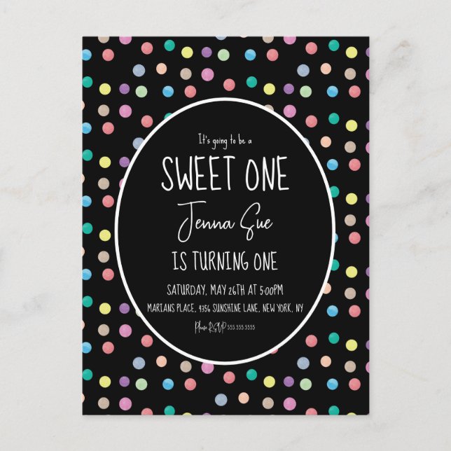 Watercolor Dots First Birthday Party Black Postcard (Front)