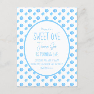 Watercolor Dots First Birthday Party Blue Postcard