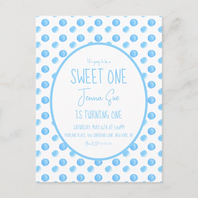 Watercolor Dots First Birthday Party Blue Postcard (Front)