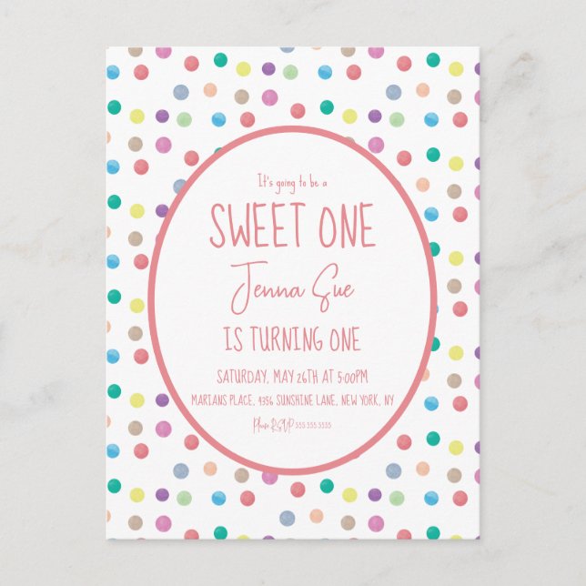 Watercolor Dots First Birthday Party Colourful  Postcard (Front)