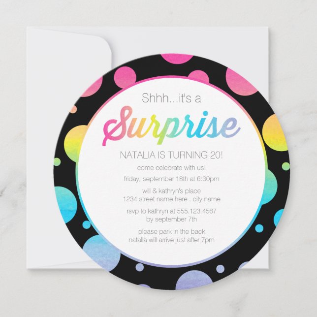 Watercolor Dots Surprise Birthday Party Invitation (Front)