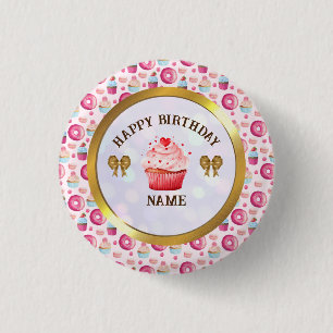 Watercolor Doughnut and Cupcake Happy Birthday Par 3 Cm Round Badge