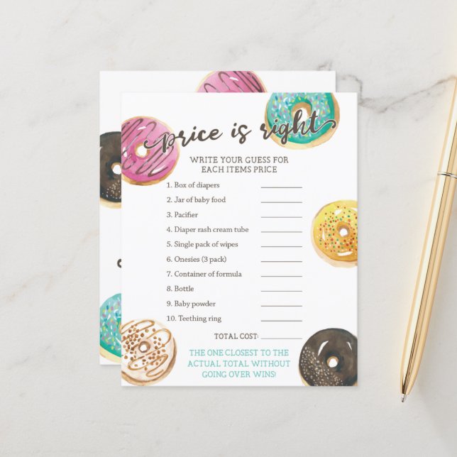 Watercolor Doughnut Baby Shower Price Game (Front/Back In Situ)