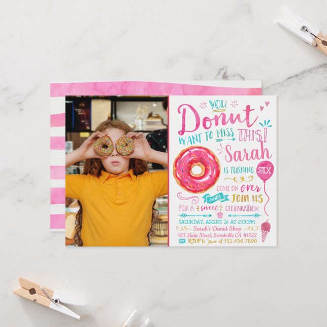 Watercolor Doughnut Birthday Invitation with Photo (Front/Back In Situ)